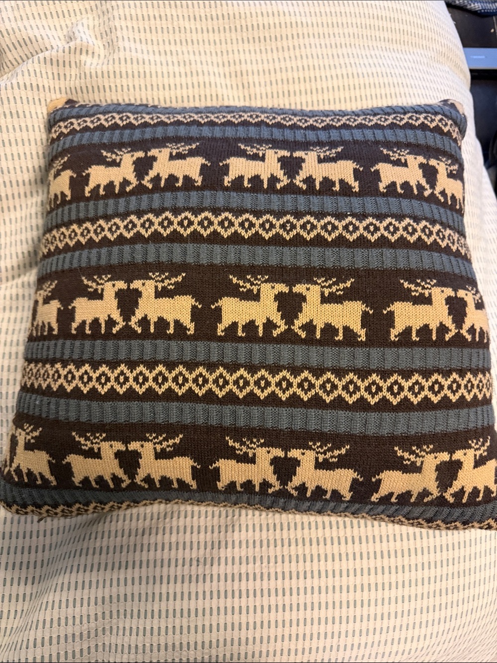 Holiday Reindeer Knit Throw Pillow - Blue, Brown, Cream